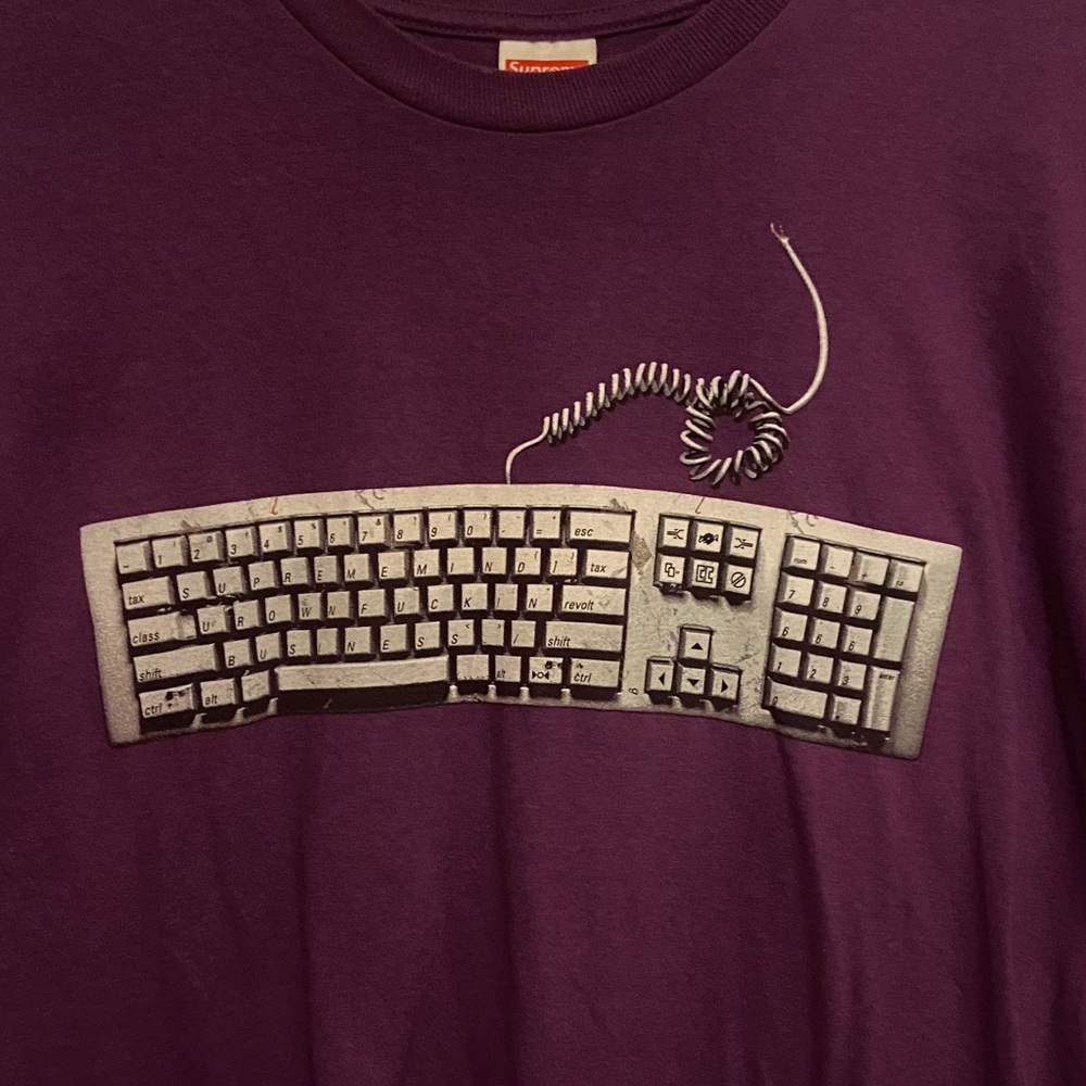 Supreme Keyboard Tee. Purple boxy fit Supreme brand tee shirt.